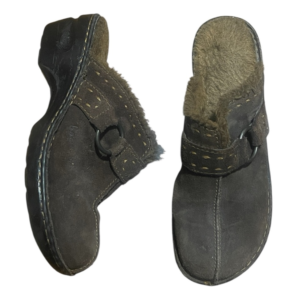 B.O.C. Brown Suede Fuzzy Fur Y2K Slide On Mule Clog
